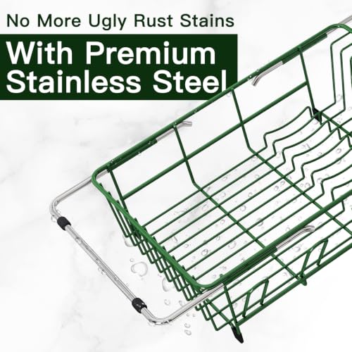 Green Expandable Dish Drying Rack Over Sink with Anti (Green / For 11.5"-16" W Sink with Cup Holder)