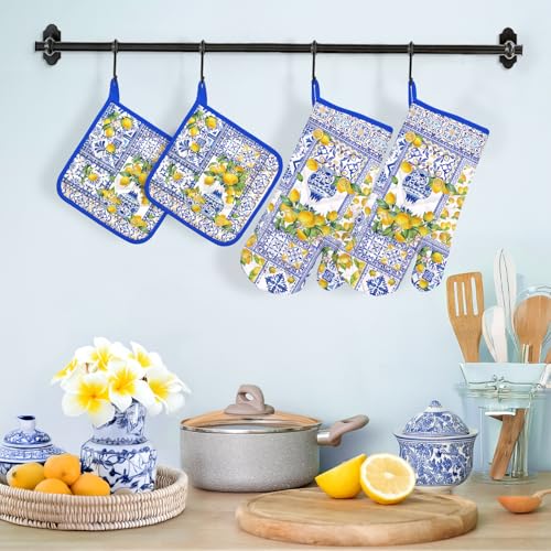 Yellow Lemon Oven Mitts and Pot Holders Set (Lemon 2 / Oven Mitt x2 & Pot Holder x2)