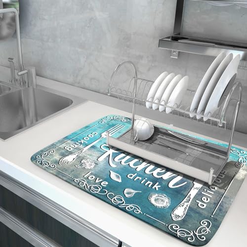 Blue Grey Dish Drying Mat 18x24 Inch Cooking Delicious Absorbent Drying Pad Heat Resistant Dish Drainer Mats for Kitchen Countertop (Blue Kitchen Cooking / 18" x 24")