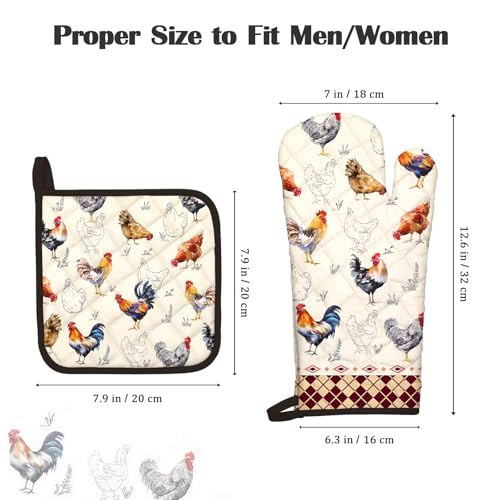 Farmhouse Rooster Oven Mitts and Pot Holders Set (Roosters / Oven Mitt x2 & Pot Holder x2)