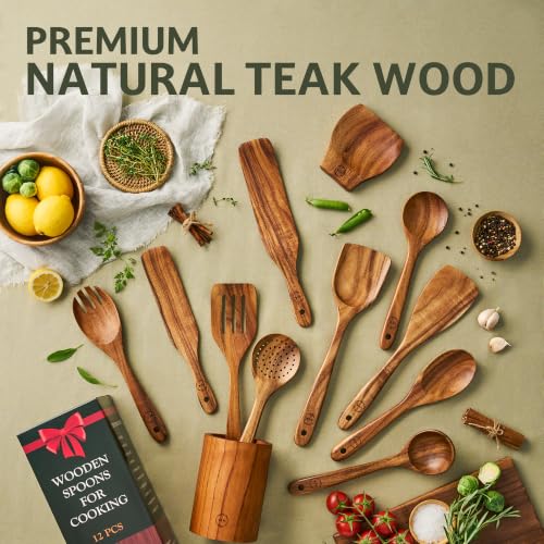 12 Piece Teak Wood Cooking Utensil Set With Holder (12 PCS Set)