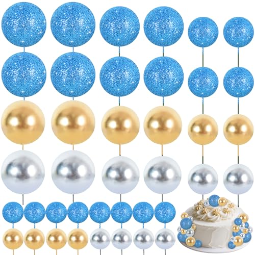 40 Pcs Foam Ball Shaped Cake Toppers with Sticks Mini Cake Decorations for Birthdays (40-blue Gold Silver)