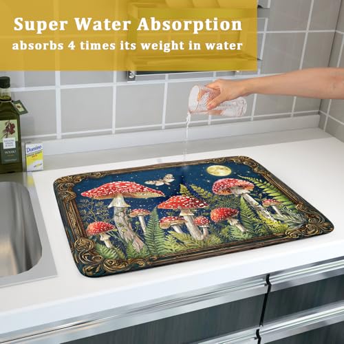 Mushroom Dish Drying Mat Absorbent Dish Drainer for Coffee Bar Kitchen Counter (Funny Mushroom 829 / 24" x 18")