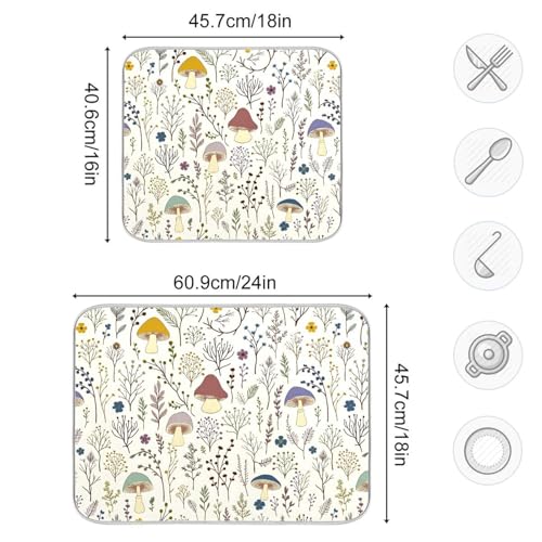 Cute Mushroom Wild Plant Dish Drying Mat for Kitchen Counter Absorbent Microfiber Drying Pad (18" x 24")