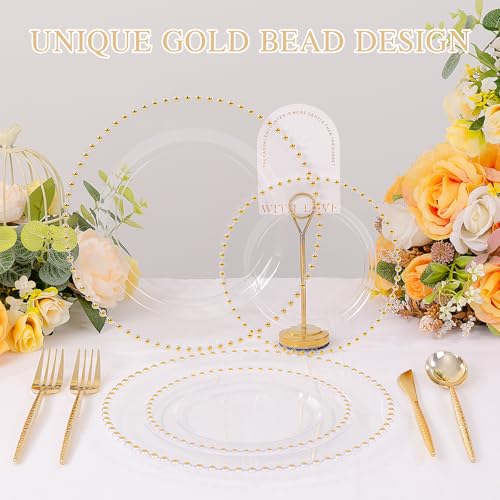 100pcs Clear Plastic Plates with Gold Beads for Bridal Showers (Clear and Gold Plastic Plates / 100PCS)