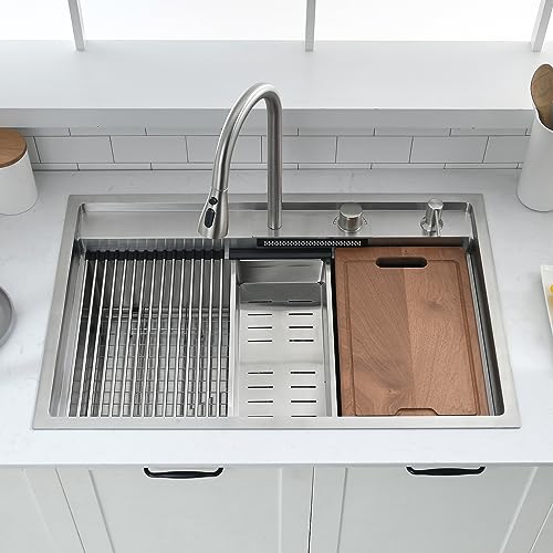 33 Inch Drop In Kitchen Sink with Faucet Combo (33"L x 22"W x 10"D / Stainless Steel （Waterfall）)