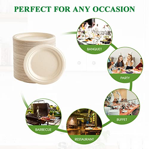 350 Pack Compostable Bagasse Paper Plates 6.9 inch (Nature / 7 IN Round Plates)