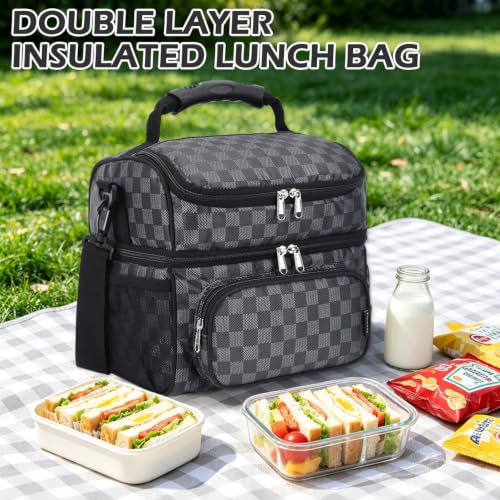 Double Layer Cooler Insulated Lunch Bag Adult Lunch Box Large Tote Bag for Men (PlaidBlack)