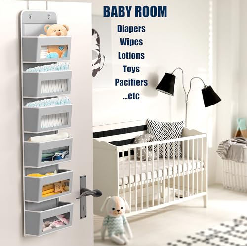 6 Clear Window Pocket Over Door Hanging Organizer (6 Pockets / Gray)
