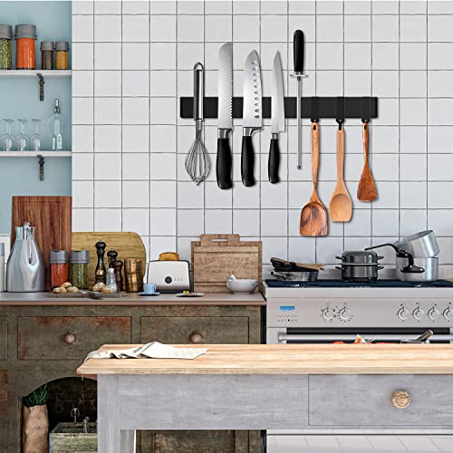 Black Magnetic Knife Strip for Refrigerator (01.17inch Black with Hooks)