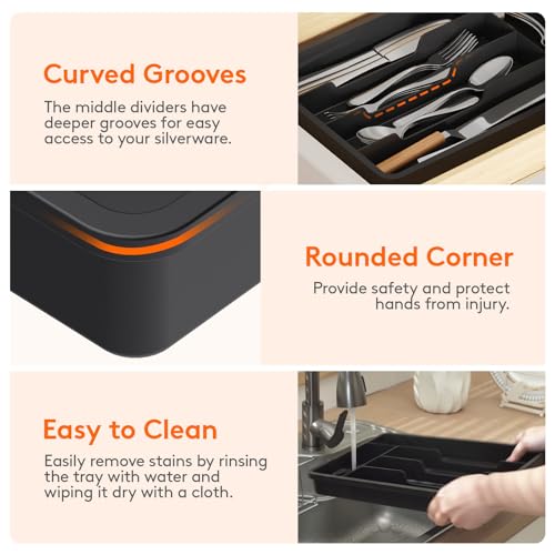 Silverware Drawer Organizer Tray (Black / 9.5 x 13.4 inch (5 Slots))