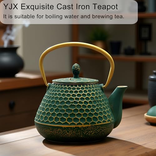 Cast Iron Teapot and Tea Cups Set (Dark Green Hexagon Pattern, 1000ml/34oz with Cups and Cup Mats)