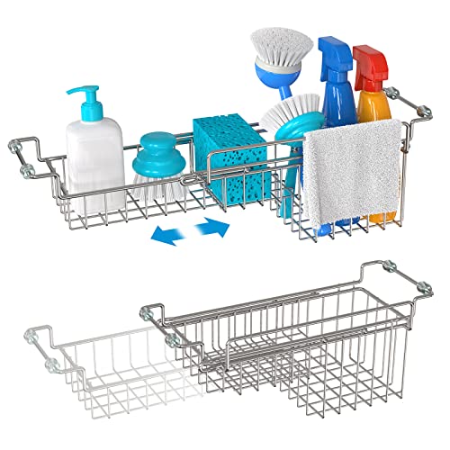Over The Kitchen Sink Caddy Sponge Holder Organizer Drying Rack Expandable for Sponge Brush Soap Dish Cloth Rag (12.25" to 17.25")
