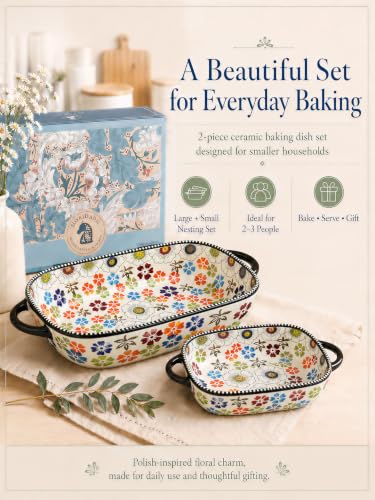 2 Piece Polish Pottery Style Ceramic Baking Dish Set (Meadow Mosaic)