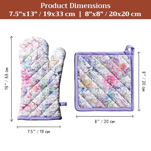 100% Cotton Oven Mitt & Pot Holder Set (044 - Floral Love / 7.5" x 13" & 8" x 8" (Oven Mitt & Pot Holder))