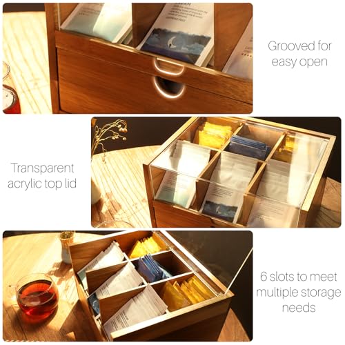 Acacia Wood Tea Organizer 2 Tier with Drawer (2-Tier Acacia Wood)