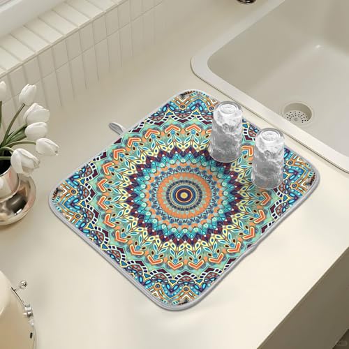 Bohemian Mandala Dish Drying Mat for Kitchen Counter Absorbent Microfiber Large Boho Ethnic Drying Pad Dish Mats for Kitchen Countertops 18 x 24 Inch (24" x 18")