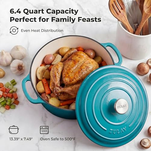 6.4QT Enameled Cast Iron Dutch Oven Pot with Lid (Light Blue / 6.4 Quart)
