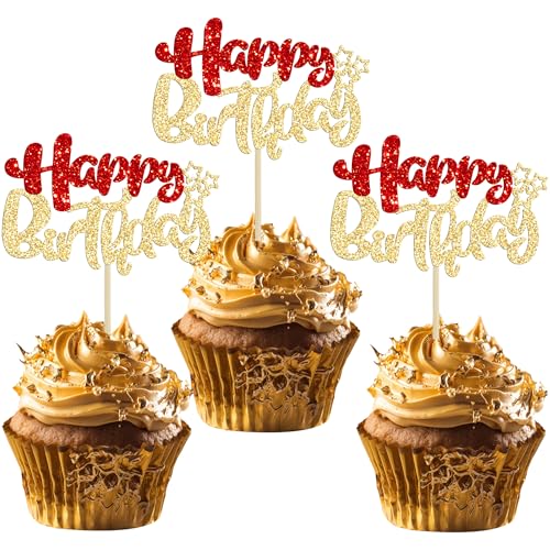 24Pcs Happy Birthday Cupcake Toppers Double Layer Glitter Happy Birthday Cake Decorations for Christmas Theme Baby Shower Anniversary Party Decorations Supplies Red Gold (Style 1 / Red Gold)