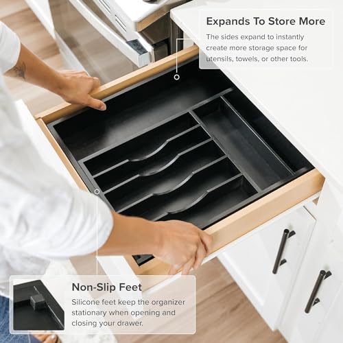 Silverware & Utensil Drawer Organizer (Black Bamboo / From 10.5" to 19" Wide)