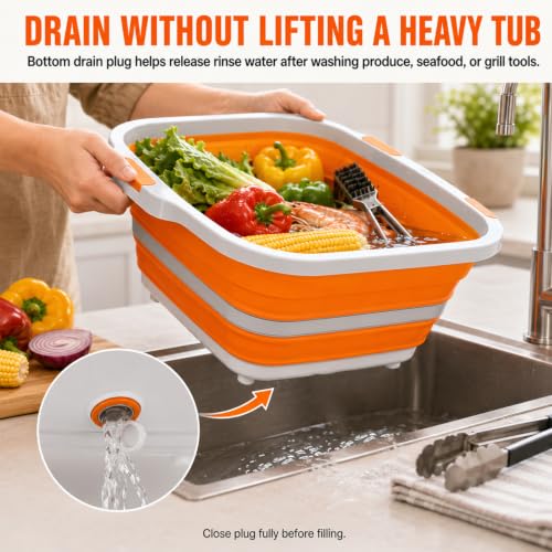 BBQ Prep Tub 16L Orange Collapsible Wash Basin with Drain Plug (Orange / X-Large)