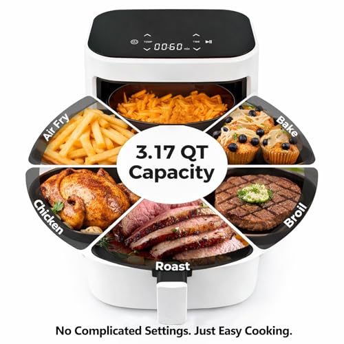 8-in-1 Air Fryer 3 Qt, Digital Preset Airfryer with Overheat Protection and Auto Shut-Off, Nonstick and Dishwasher-Safe Basket for Fries, Bake, 60-Min Timer, Max 400°F, 800W, White (White-3 Qt / 3.17 Qt)