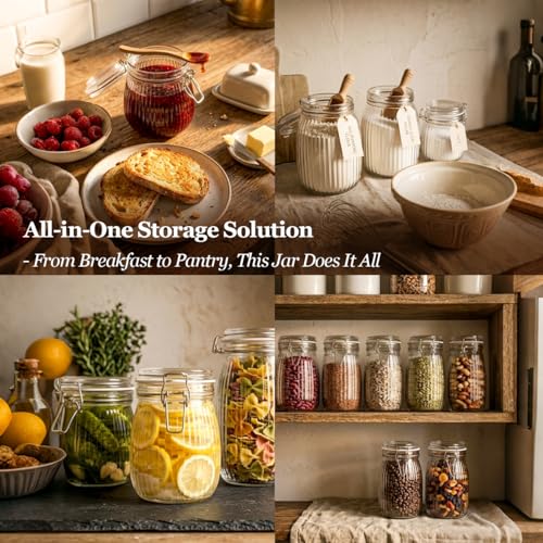 Large Ribbed Glass Jars with Airtight Lids 51 oz 3 Pack Wide Mouth (51 fl oz x 3 - Ribbed)