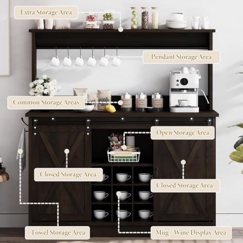 47" Farmhouse Coffee Bar Cabinet with Storage Hutch (47Inch / Dark Oak)