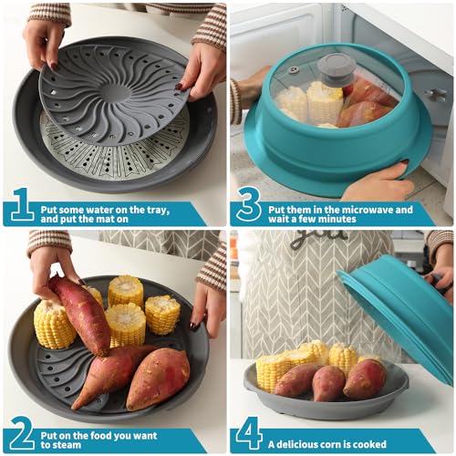 Microwave Splatter Silicone Cover Collapsible Steamer (10.5-11 inch / Blue)