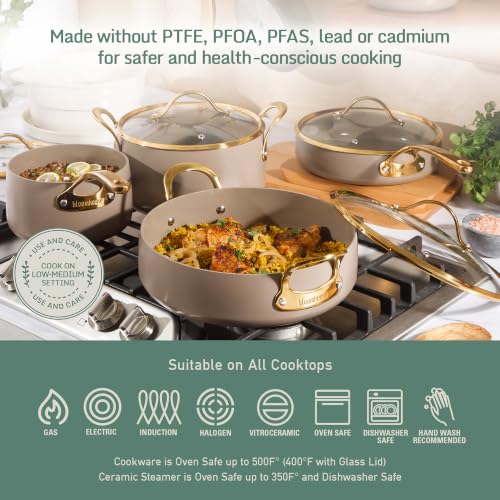 15 Piece Ceramic Nonstick Cookware Set (Cappuccino Cream w/ Gold Handle / 15-Piece Cookware Set)