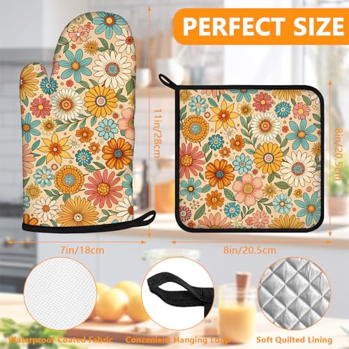 Boho Floral Oven Mitts and Colorful Flowers Pot Holders Sets 4Pcs (Boho Floral)
