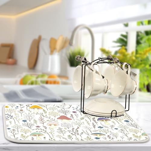 Cute Mushroom Wild Plant Dish Drying Mat for Kitchen Counter Absorbent Microfiber Drying Pad (18" x 24")