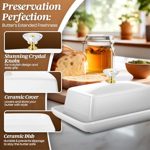 Large Ceramic Butter Dish with Lid & Crystal Handle (White – Crystal Handle / Large)