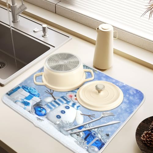 Christmas Snowman Winter Dish Drying Mat for Kitchen Counter Absorbent Microfiber Small Drying Pad Dish Mats Snowflake for Kitchen Countertops 16 x 18 Inch (Christmas Snowman Blue / 18" x 16")