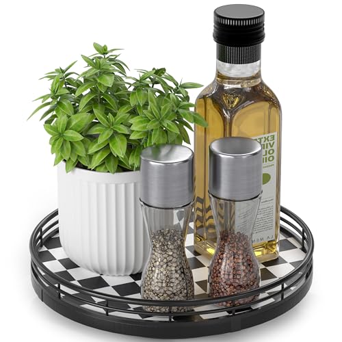 9 Inch Black and White Checkerboard Lazy Susan with Oak Base (Black & White / 9 inches)