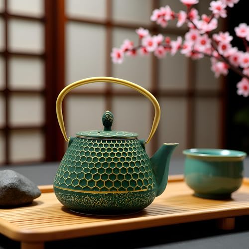 Cast Iron Teapot and Cups Set (Dark Green Hexagon Pattern, 1000ml/34oz with Cups)