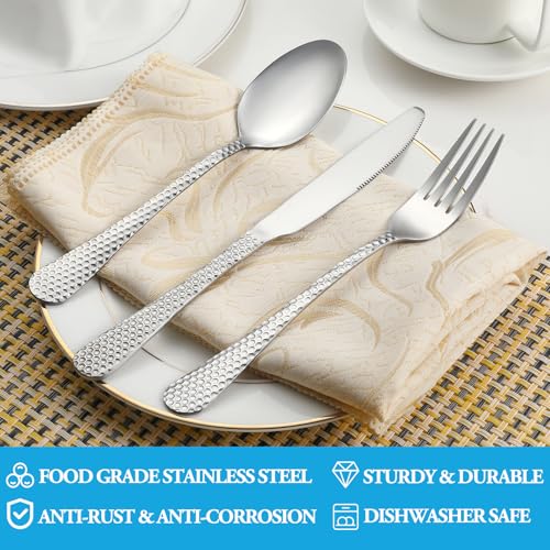 30 Pcs Hammered Silverware Set Service for 6 (Silver)