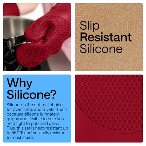 BPA Free Silicone Oven Mitts and Pot Holders Set (Red / 12.5" Oven Mitts + 7" Trivets)