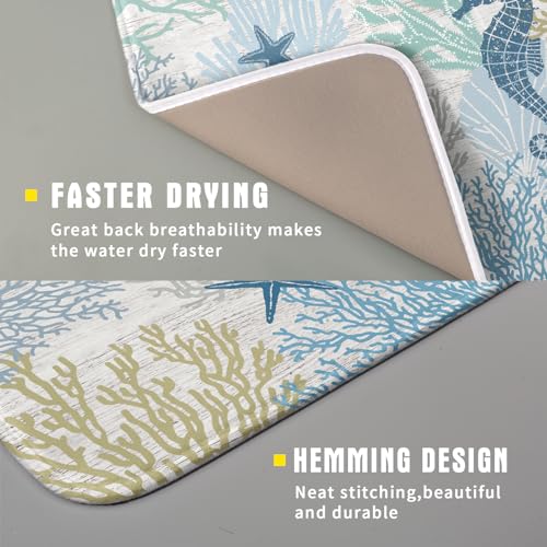 Blue Coral Dish Drying Mat Coastal Starfish Dishes Pad Hanging Drainer Mats Reversible Absorbent Kitchen Counter Protector 16x18 Inch (starfish coral / 16" x 18")