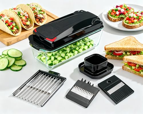 13-in-1 Vegetable Chopper Pro with Glass Container, Stainless Steel Blades, BPA-Free, Mandoline Slicer, Manual