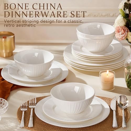 24Pc Textured White Bone China Set Service for 8 (White-striped / service for 8-24pcs)