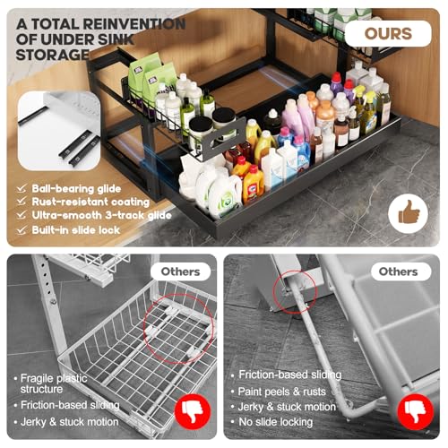 1 Pack-19"-32"W Expandable Under Sink Organizer With Upgrade Ball-Bearing Slide,2-Tier Pull Out Under Cabinet Organizer Height Adjustable,Not Suitable For Cabinets With Partitions In The Middle (1 Pack-19"-32"W / Black)