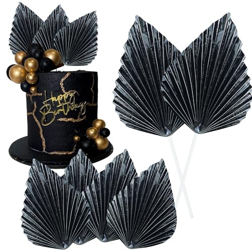 6Pcs Paper Palm Fan Cake Toppers Palm Spear Leaves Fan Cupcake Toppers Cake Insert Decorations Craft DIY Cake Bakeware Decoration for Birthday Party Wedding Party Decor Supplies Light Black (6 Count)