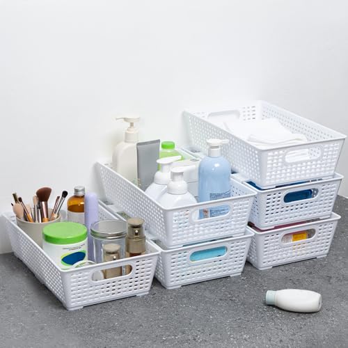 Stackable Woven Plastic Basket (White)