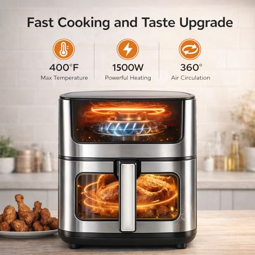 8-in-1 Air Fryer 6.34 Qt, Digital Preset Airfryer with Visible Window, Nonstick and Dishwasher-Safe Basket, Air Fry, Chicken, Pizza, Dehydrate, Fries, 90-Min Timer, 1700W, Black (Black-6.34Qt-B / 6.34 Qt)
