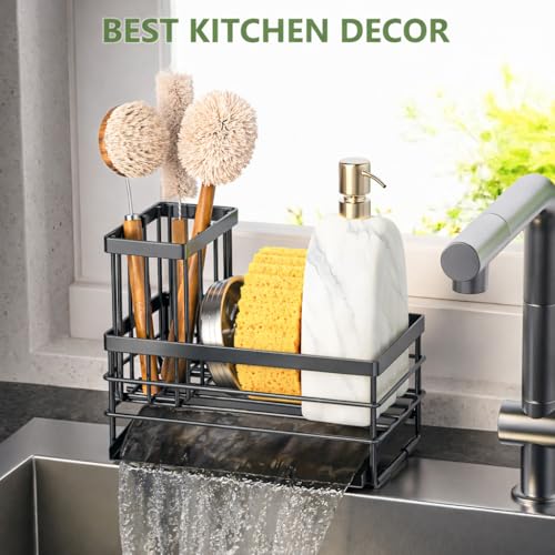 Sink Caddy Sponge Holder for Kitchen with Brush Holder and Stainless Steel Self Drain Tray (8.26'' / Gray)