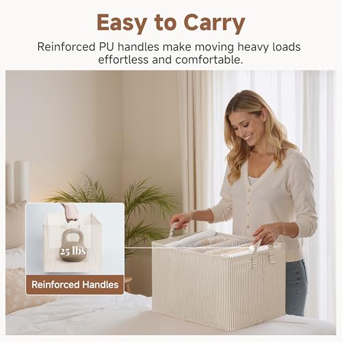 Closet Storage Bins (Khaki and Beige Stripes / 19" L x 13 ¼" W x 11" H)