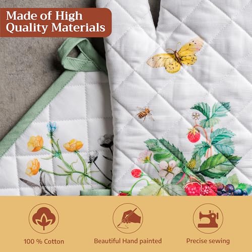 100% Cotton Oven Mitt & Pot Holder Set (035 - Printemps / 7.5" x 13" & 8" x 8" (Oven Mitt & Pot Holder))
