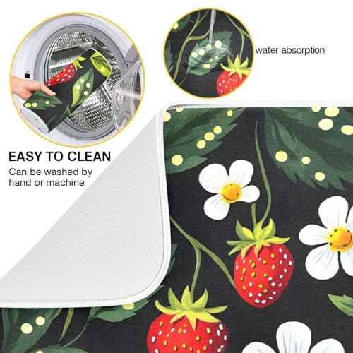 Strawberries White Flowers Dish Drying Mat for Kitchen Counter Absorbent Microfiber Drying Pad (18" x 18")