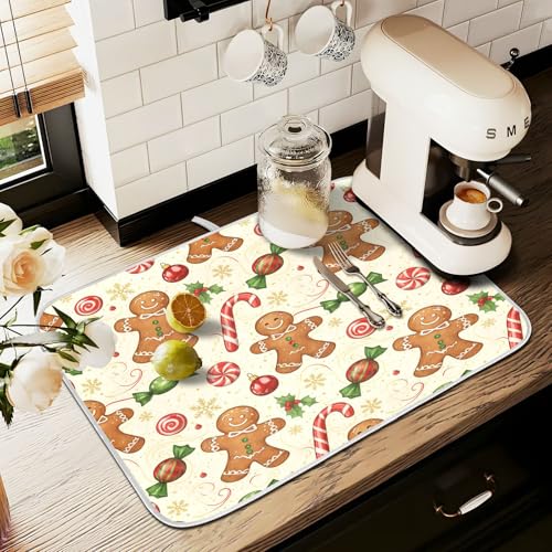 Christmas Gingerbread Cookie Man Sugar Dish Drying Mat for Kitchen Counter Absorbent Microfiber Small Drying Pad Dish Mats for Kitchen Countertops 16 x 18 Inch (18" x 16")